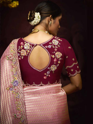 The Blossom Pink Banarasi Saree with Maroon Reverie Blouse