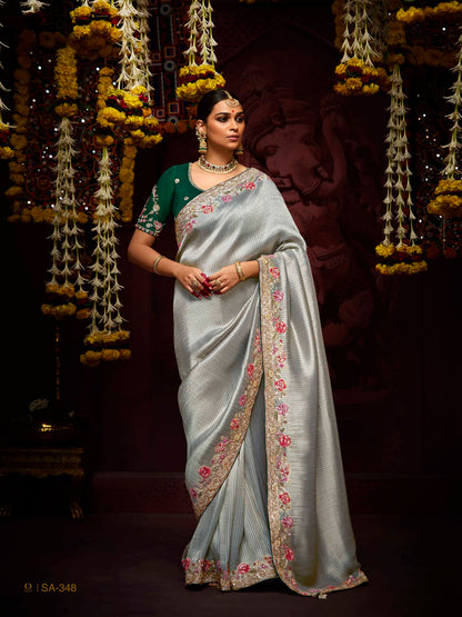 Elegant Silver Grey Banarasi Silk Saree with Red-Pink Floral Thread & Sequin Work