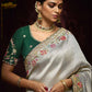 Elegant Silver Grey Banarasi Silk Saree with Red-Pink Floral Thread & Sequin Work