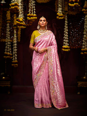 A Garden of Dreams: The Roseate Pink Banarasi Silk Saree Verdant Lime Blouse
