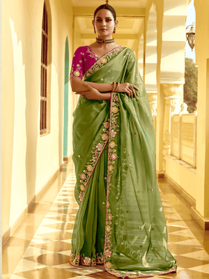 OLIVE GREEN DESIGNER TISSUE SILK SAREE - Kimora.in