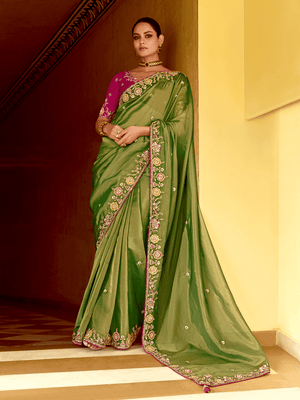 OLIVE GREEN DESIGNER TISSUE SILK SAREE - Kimora.in
