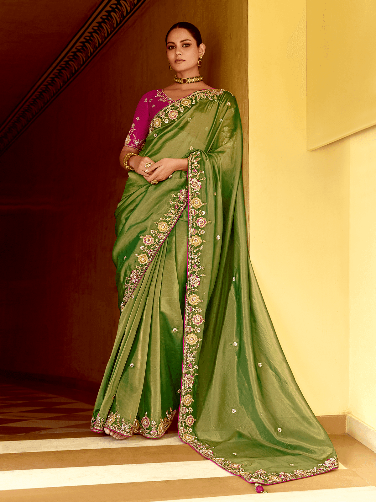 OLIVE GREEN DESIGNER TISSUE SILK SAREE - Kimora.in