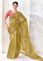olive gold soft silk saree with pink botanical printed blouse