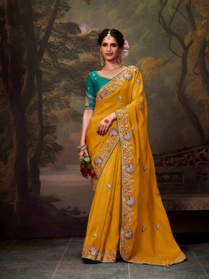 MUSTARD YELLOW DESIGNER ORGANZA SILK SAREE