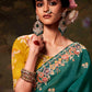 TEAL GREEN DESIGNER ORGANZA SILK SAREE WITH YELLOW CONTRAST BLOUSE