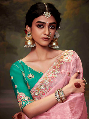 LIGHT PINK ORGANZA SAREE WITH EMBROIDERED BORDER