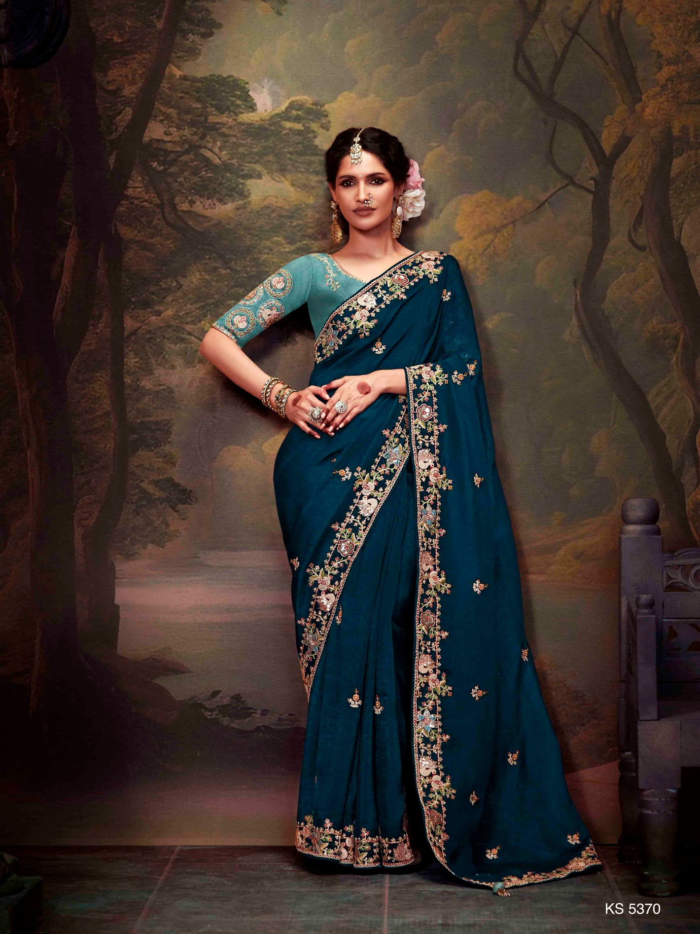Teal Blue Organza Silk Saree