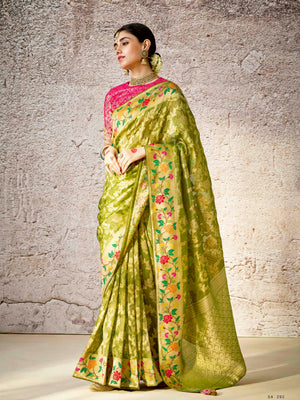 Traditional Green Banarasi Silk Saree with Contrast Red Blouse