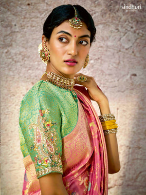 Pastel Pink Banarasi Silk Saree with Zari Weaving & Contrast Green Embroidered Blouse