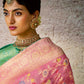 Pastel Pink Banarasi Silk Saree with Zari Weaving & Contrast Green Embroidered Blouse
