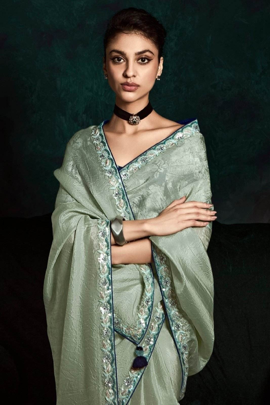 STUNNING SEE GREEN DESIGNER ORGANZA SAREE – A TOUCH OF ELEGANCE AND GRACE - Kimora.in