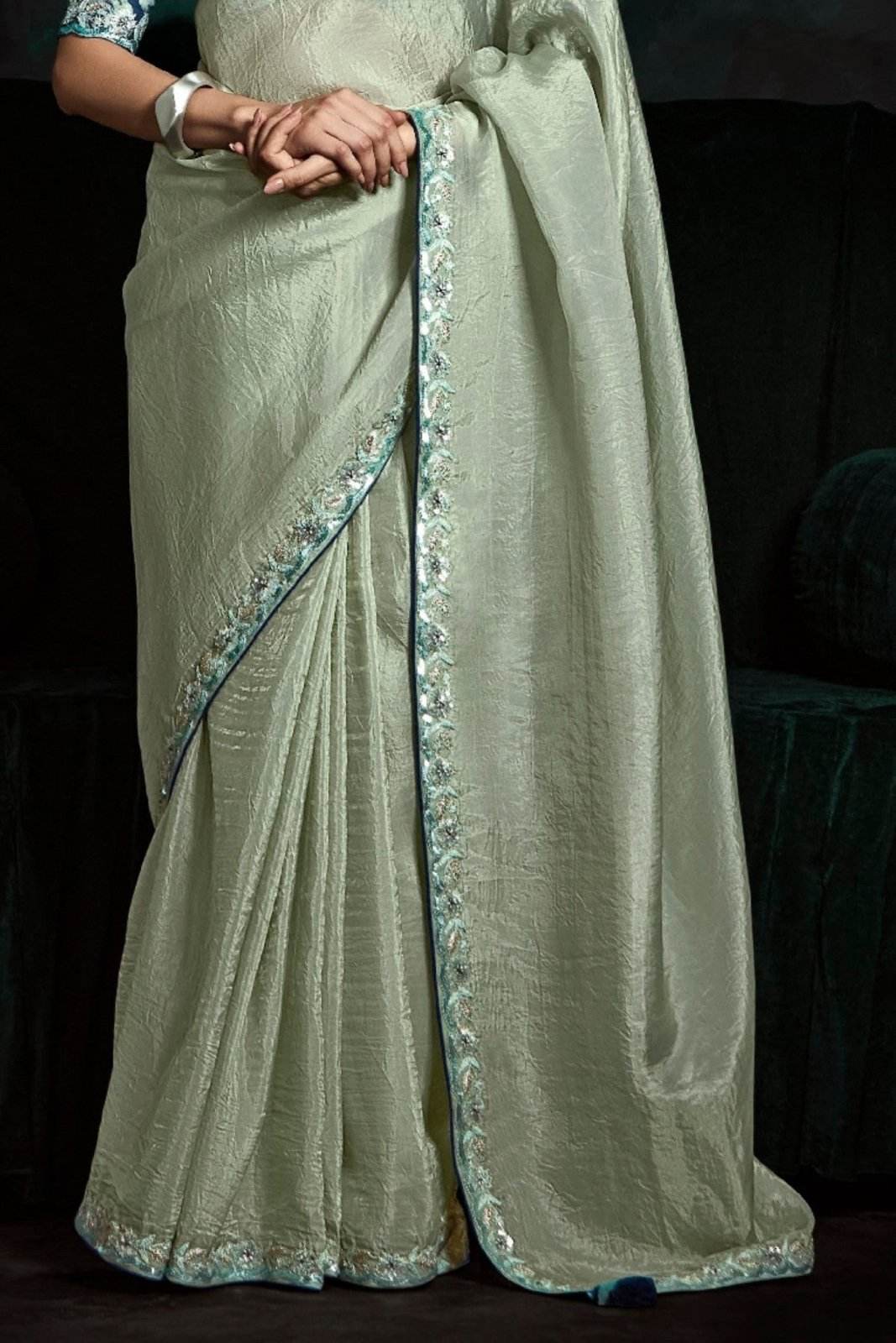 STUNNING SEE GREEN DESIGNER ORGANZA SAREE – A TOUCH OF ELEGANCE AND GRACE - Kimora.in