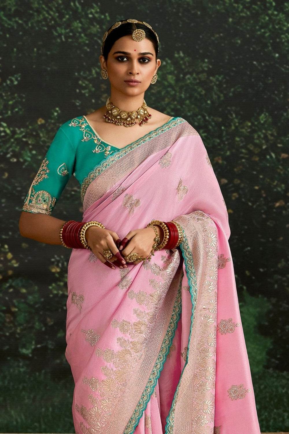 PINK BANARASI DOLA SILK SAREE WITH GOLDEN ZARI WORK - Kimora.in