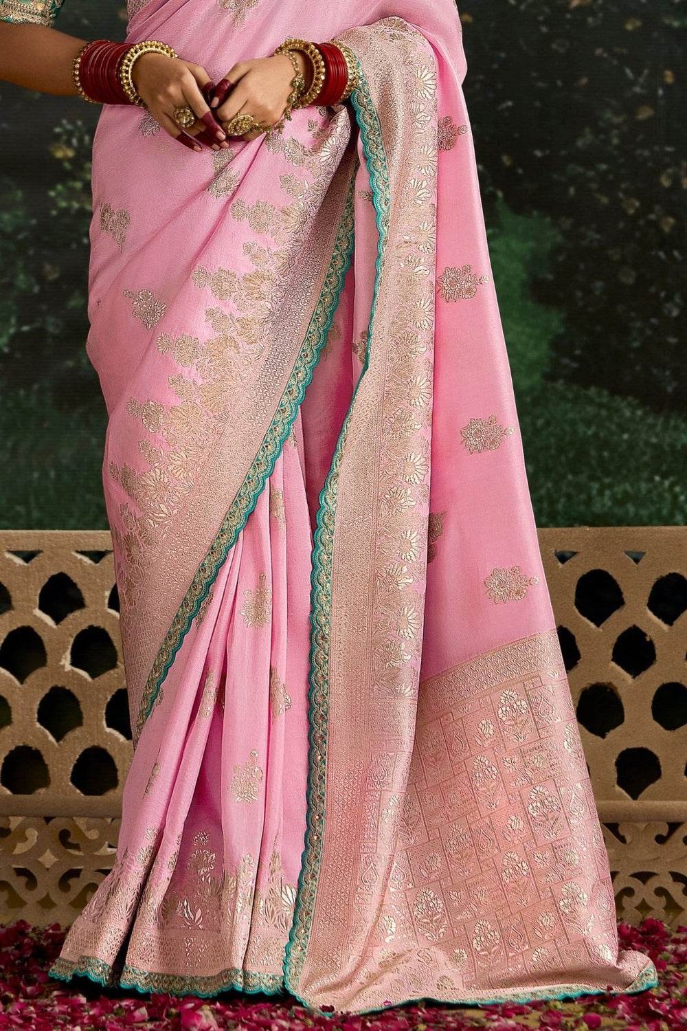 PINK BANARASI DOLA SILK SAREE WITH GOLDEN ZARI WORK - Kimora.in