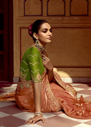 PEACH DESIGNER TISSUE SILK SAREE WITH GREEN BLOUSE - Kimora.in