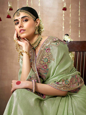 GREEN BRIDAL PURE TISSUE DOLA SILK SAREE - Kimora.in