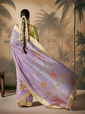 Royal Purple Silk Saree with Stunning Contrast Green Blouse
