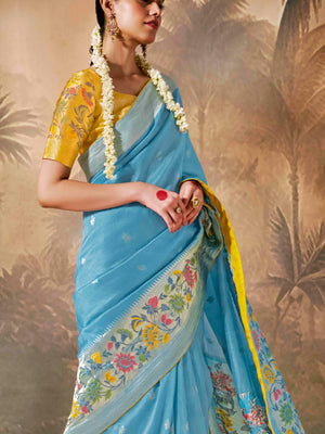 Elegant Sky Blue Saree with Yellow Contrast Blouse