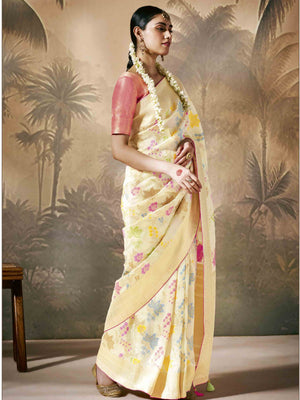 Elegant White Saree with Multi-Color Floral Embroidery