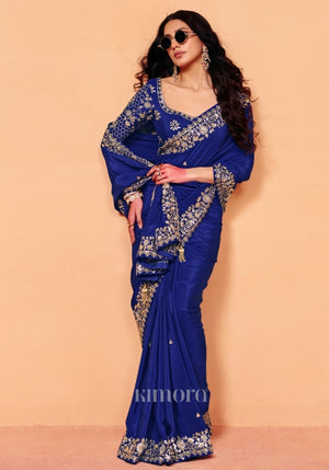 Indira Natural Crepe Saree in Deep Blue