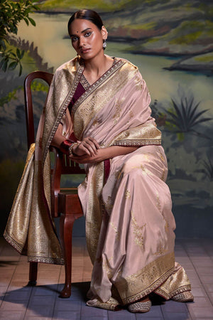 ROSE PINK PURE DOLA SILK FLORAL SAREE - Kimora.in