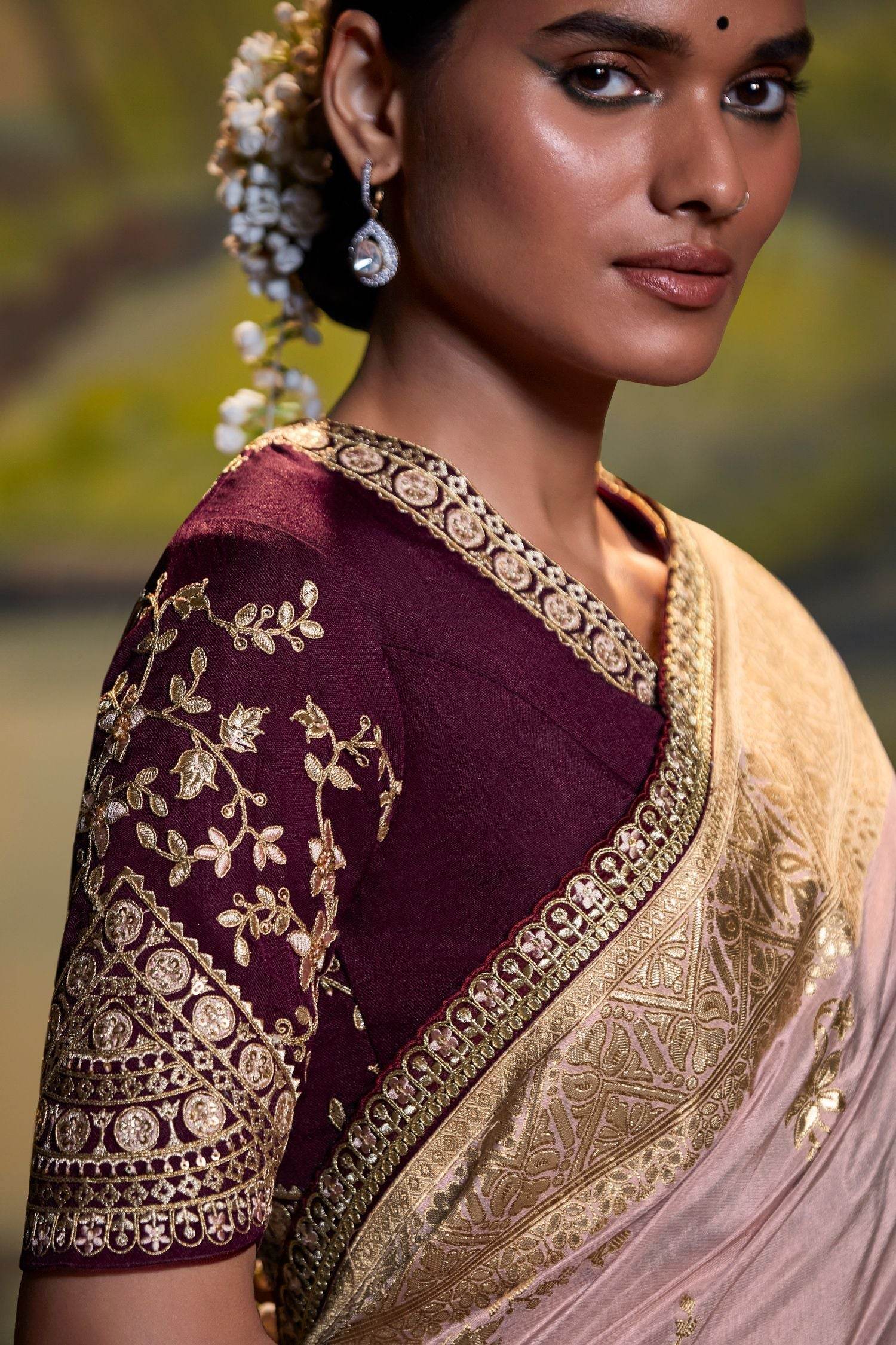 ROSE PINK PURE DOLA SILK FLORAL SAREE - Kimora.in