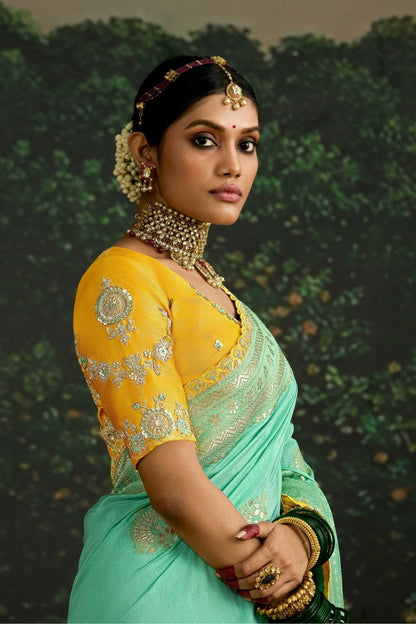 Sea Green Banarasi Dola Silk Saree with Golden Zari Work
