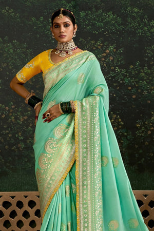 Sea Green Banarasi Dola Silk Saree with Golden Zari Work