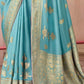 ELEGANT AQUA BLUE DOLA SILK SAREE WITH PURPLE GOLDEN WORK BLOUSE - Kimora.in