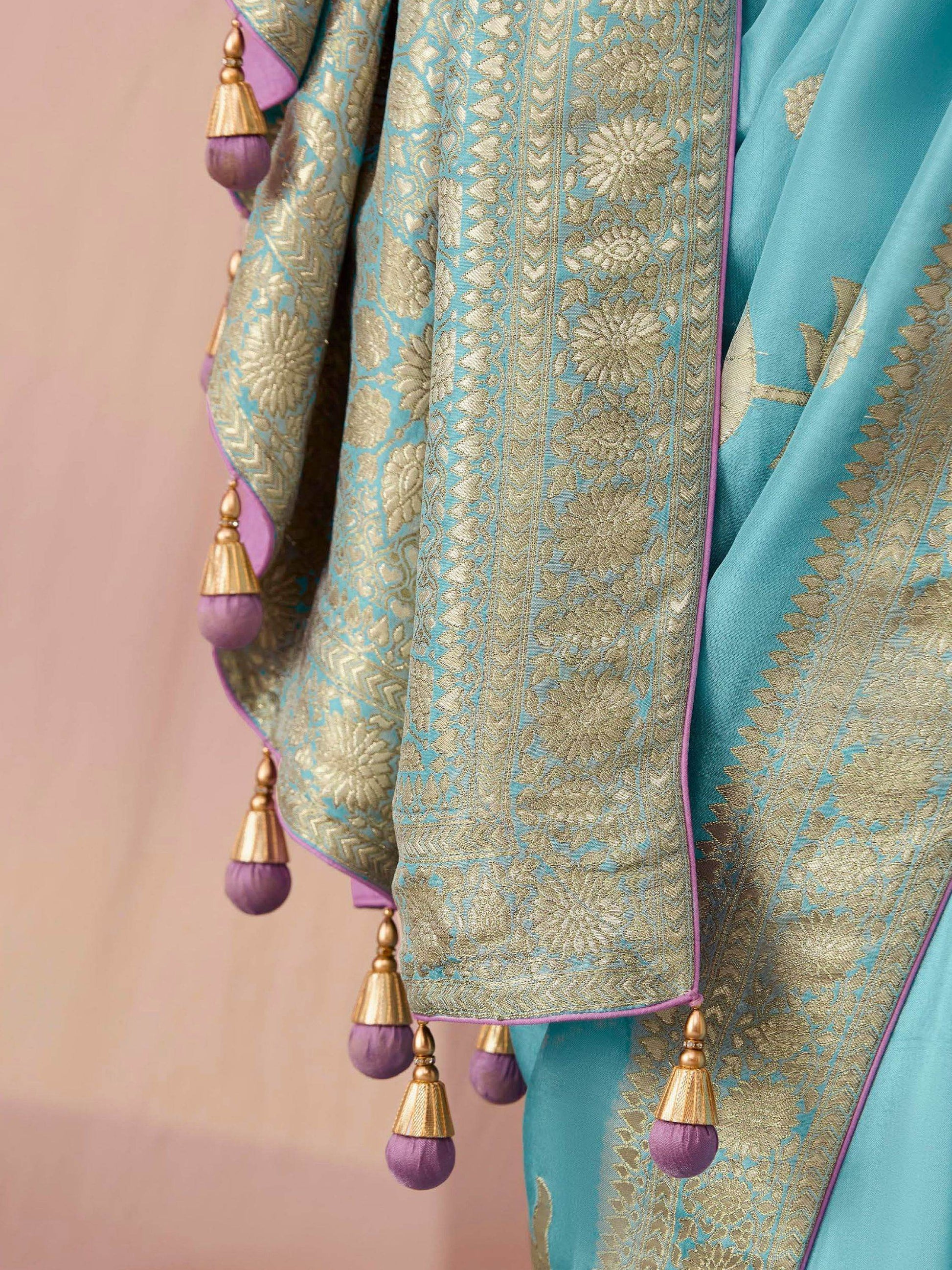 ELEGANT AQUA BLUE DOLA SILK SAREE WITH PURPLE GOLDEN WORK BLOUSE - Kimora.in