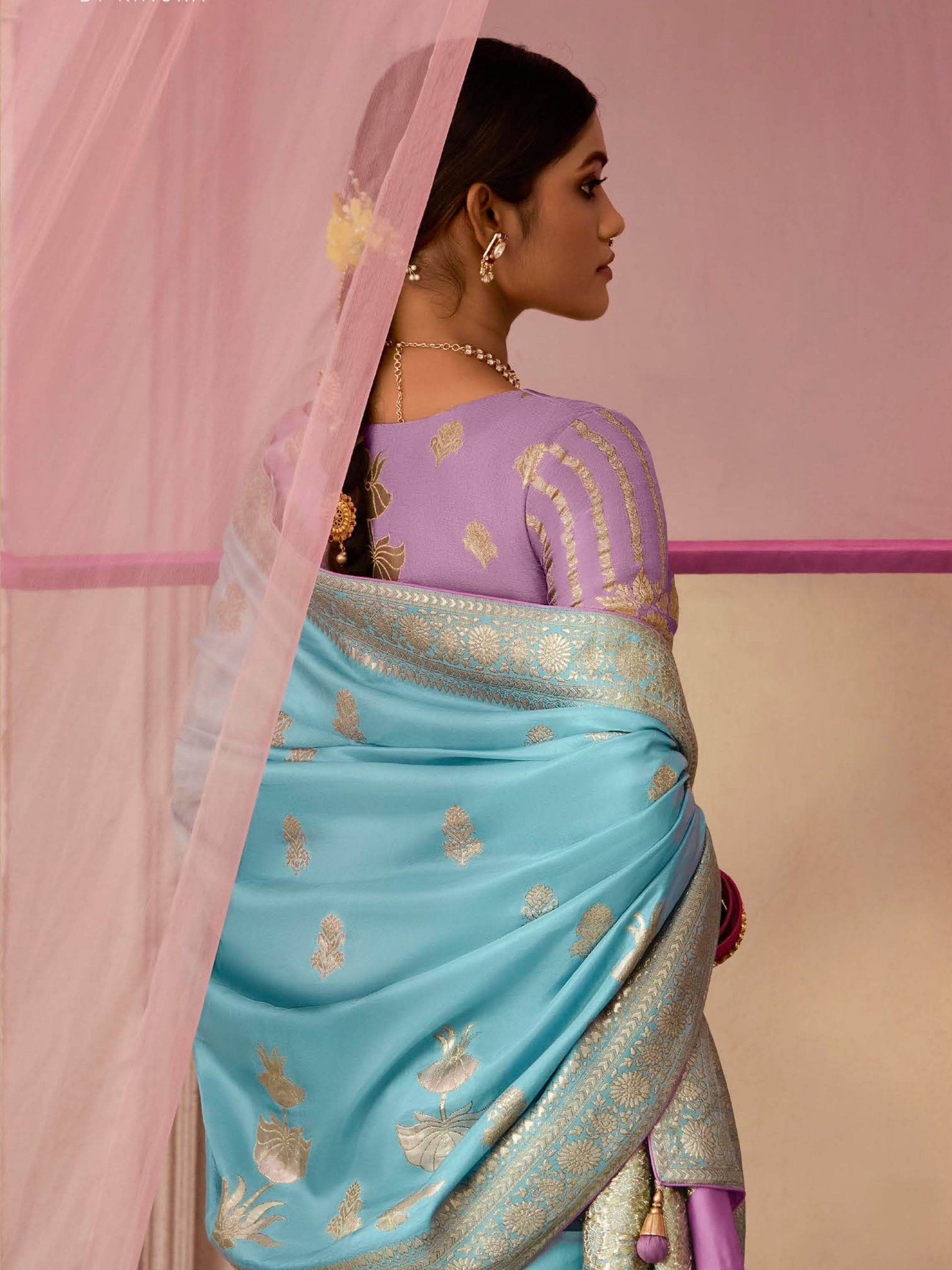ELEGANT AQUA BLUE DOLA SILK SAREE WITH PURPLE GOLDEN WORK BLOUSE - Kimora.in