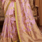 PINK SILK WOVEN SAREE WITH CONTRASTING YELLOW BLOUSE - Kimora.in