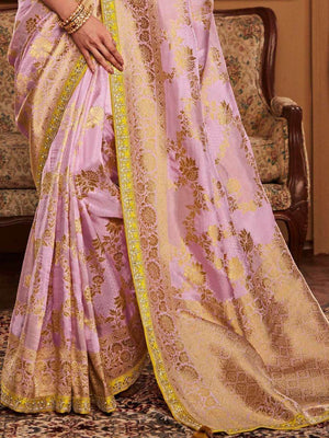 PINK SILK WOVEN SAREE WITH CONTRASTING YELLOW BLOUSE - Kimora.in
