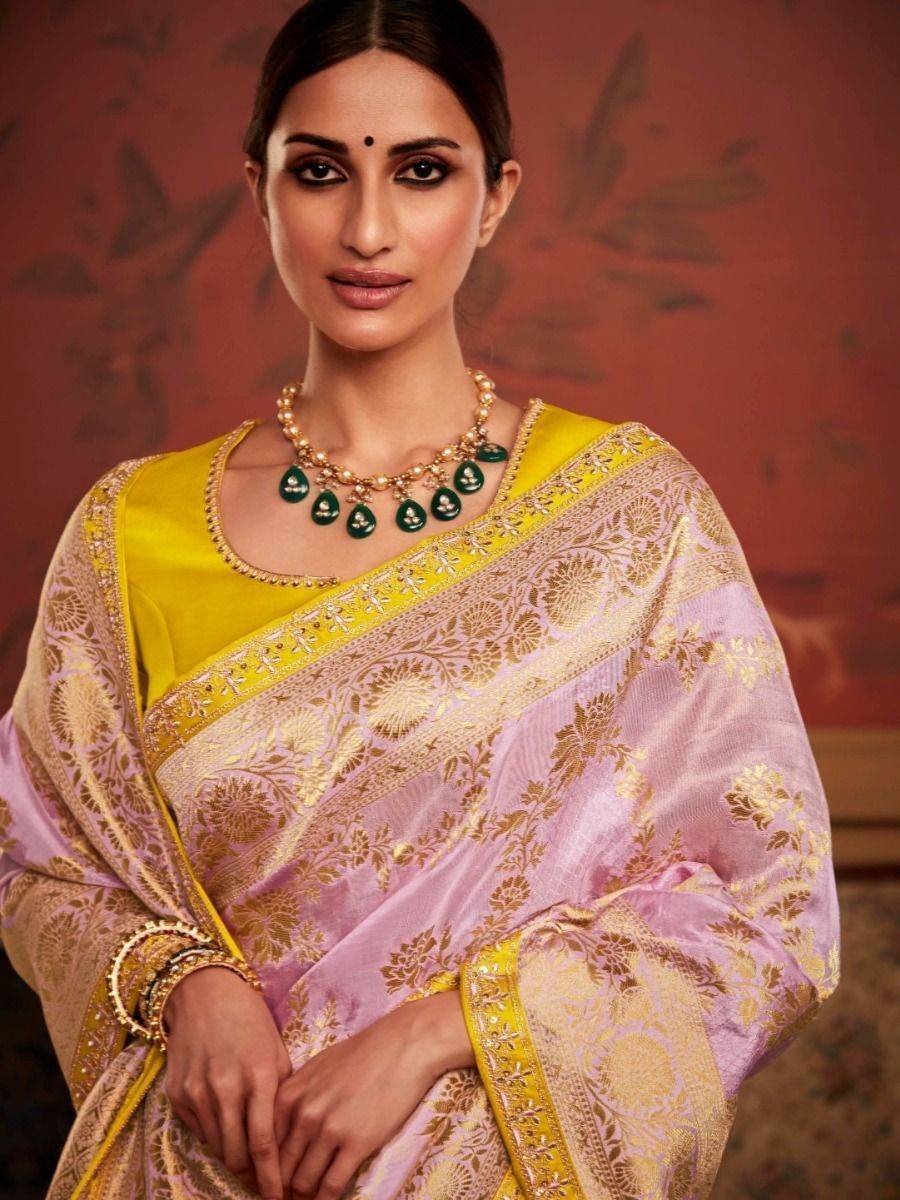 PINK SILK WOVEN SAREE WITH CONTRASTING YELLOW BLOUSE - Kimora.in