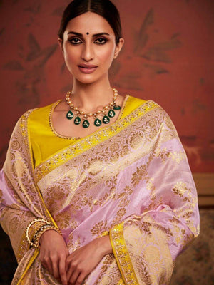 PINK SILK WOVEN SAREE WITH CONTRASTING YELLOW BLOUSE - Kimora.in