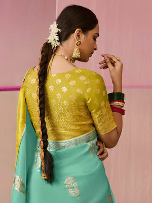 SEA GREEN DOLA SILK SAREE WITH YELLOW GOLDEN EMBROIDERED BLOUSE - Kimora.in