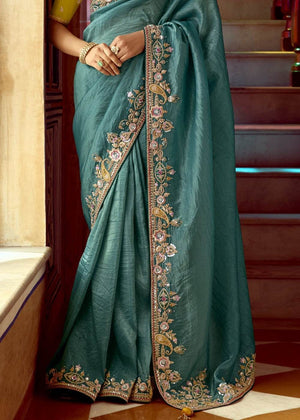 TEAL DESIGNER TISSUE SILK SAREE - Kimora.in