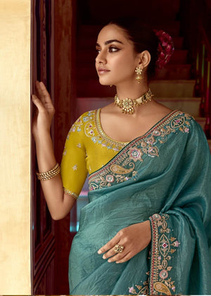 TEAL DESIGNER TISSUE SILK SAREE - Kimora.in
