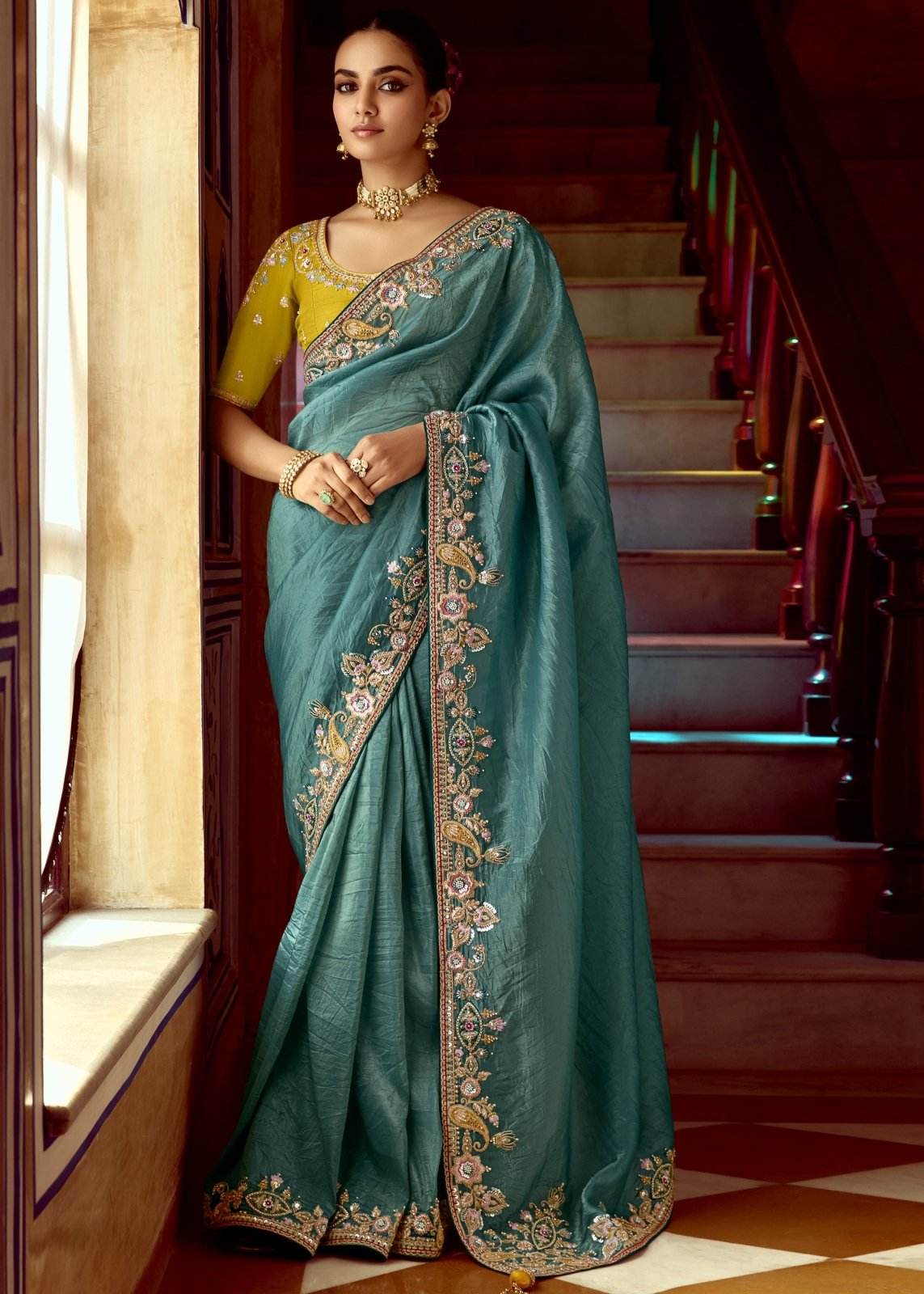 TEAL DESIGNER TISSUE SILK SAREE - Kimora.in