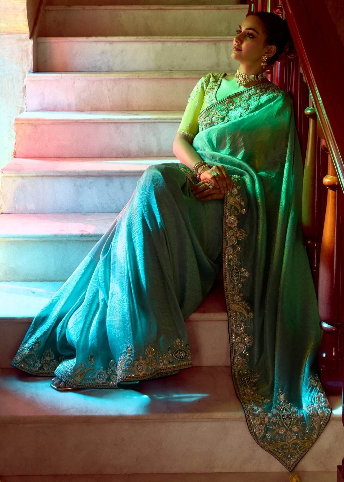 TEAL DESIGNER TISSUE SILK SAREE - Kimora.in