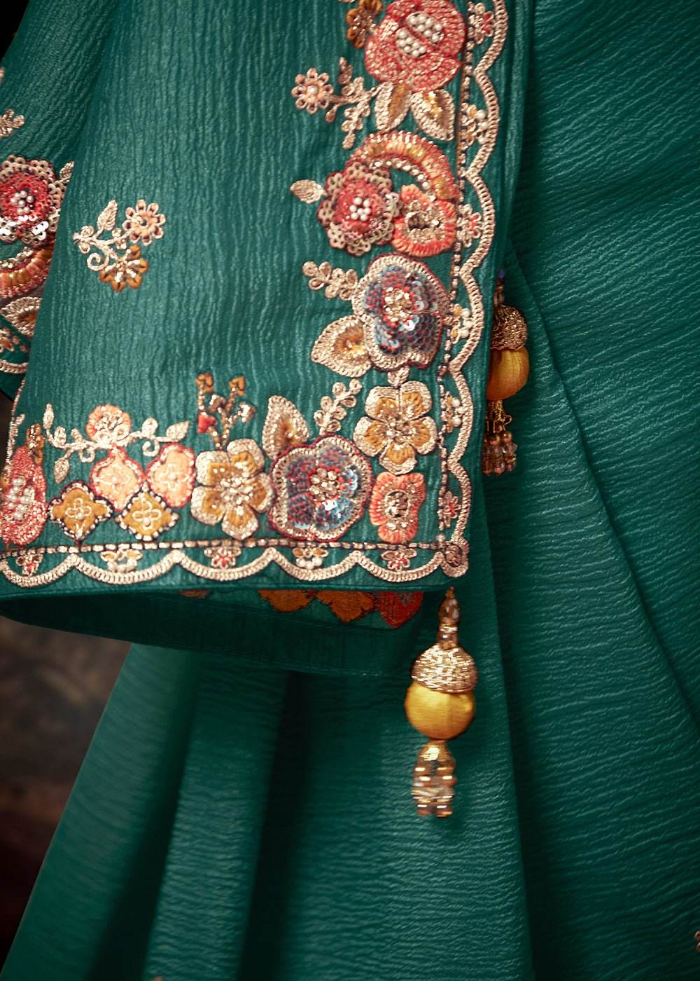TEAL GREEN DESIGNER ORGANZA SILK SAREE WITH YELLOW CONTRAST BLOUSE - Kimora.in