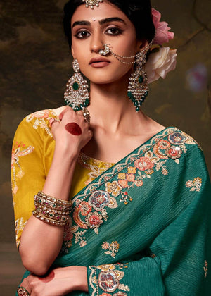TEAL GREEN DESIGNER ORGANZA SILK SAREE WITH YELLOW CONTRAST BLOUSE - Kimora.in