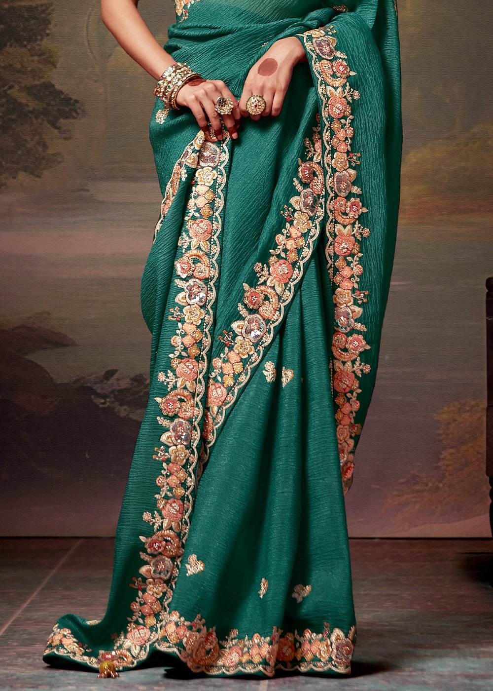 TEAL GREEN DESIGNER ORGANZA SILK SAREE WITH YELLOW CONTRAST BLOUSE - Kimora.in
