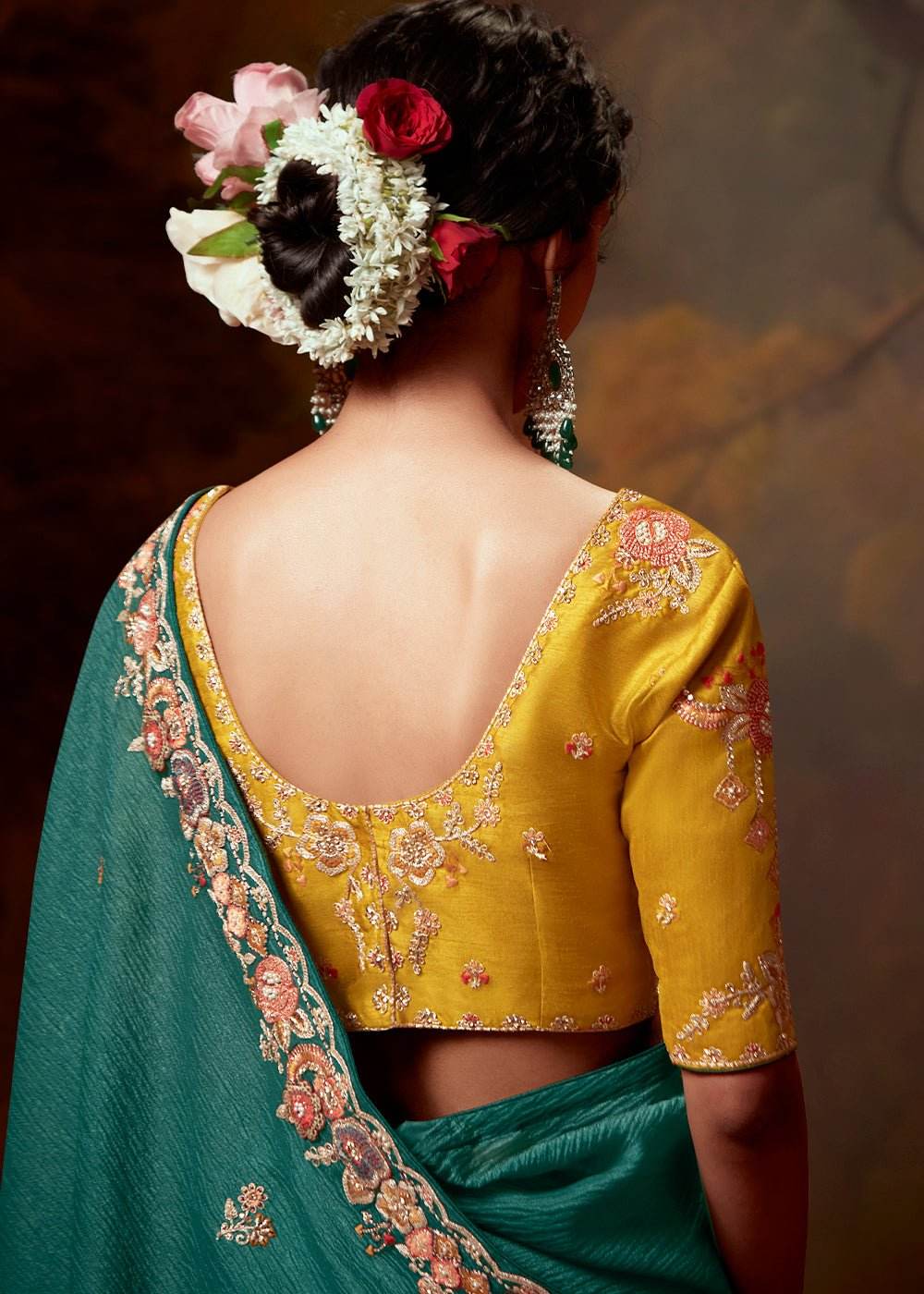 TEAL GREEN DESIGNER ORGANZA SILK SAREE WITH YELLOW CONTRAST BLOUSE - Kimora.in