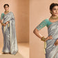 Elegant Silver Kanjivaram Silk Saree with Sea Green Embroidered Blouse – A Timeless Masterpiece