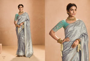 Elegant Silver Kanjivaram Silk Saree with Sea Green Embroidered Blouse – A Timeless Masterpiece