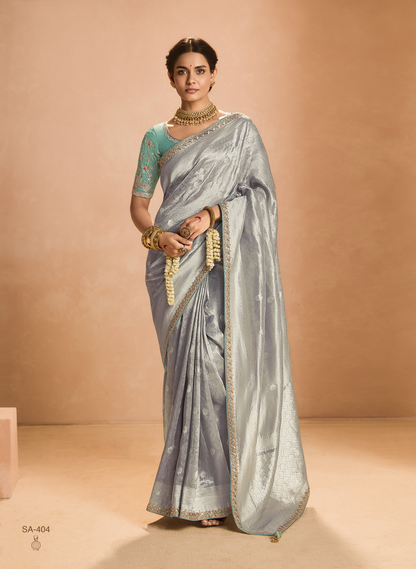 Elegant Silver Kanjivaram Silk Saree with Sea Green Embroidered Blouse – A Timeless Masterpiece