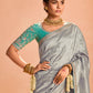 Elegant Silver Kanjivaram Silk Saree with Sea Green Embroidered Blouse – A Timeless Masterpiece