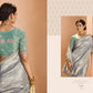 Elegant Silver Kanjivaram Silk Saree with Sea Green Embroidered Blouse – A Timeless Masterpiece